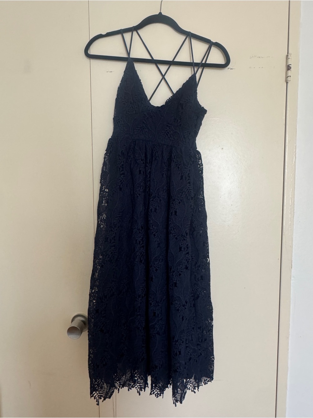 Navy Lace Midi Dress with Crisscross Straps